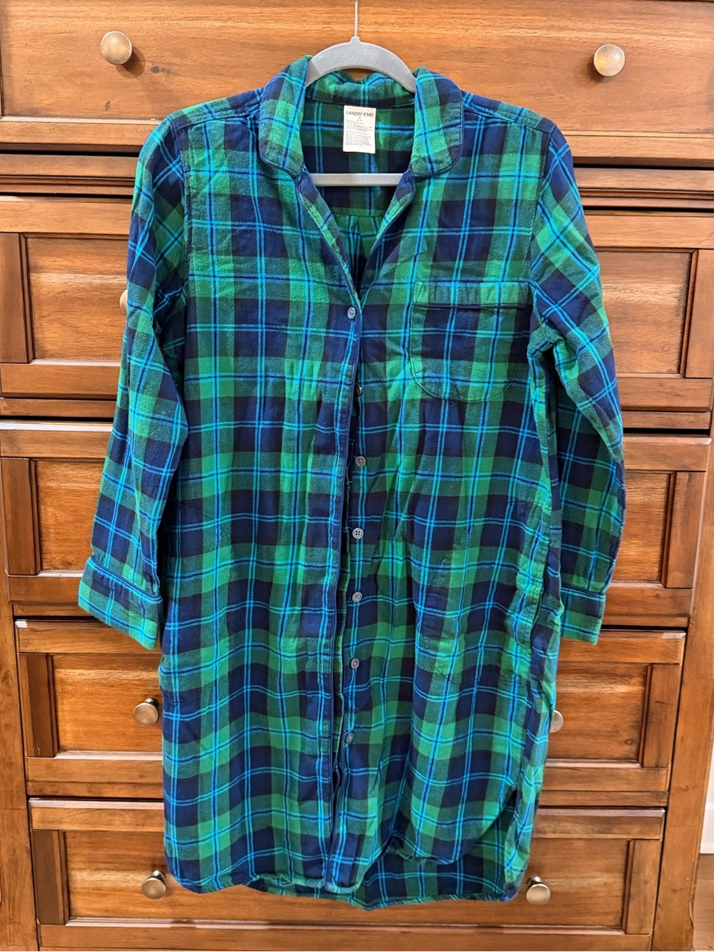 Lands’ End Green and Navy Plaid Button-Down Nightshirt